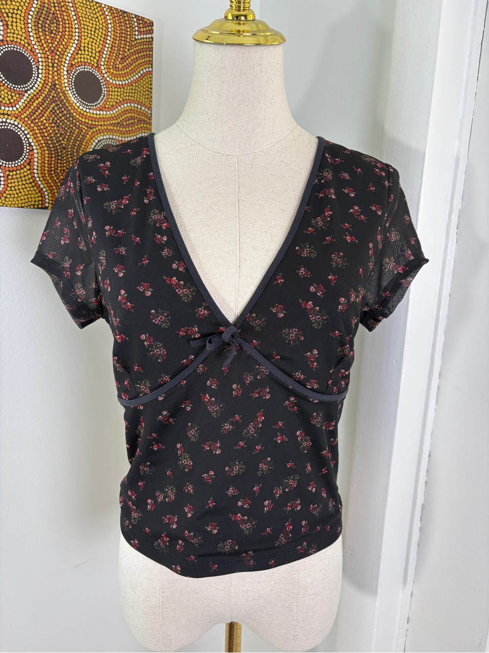 Aeropostale Black Floral V-Neck Top with Bow Detail
